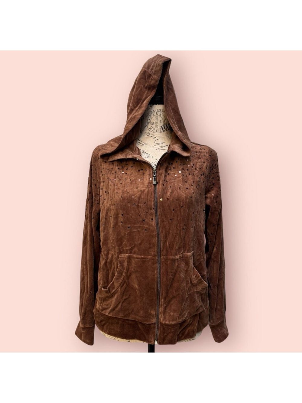 Mirror Image Brown Velour Sequined Full Zip Sweater XL
